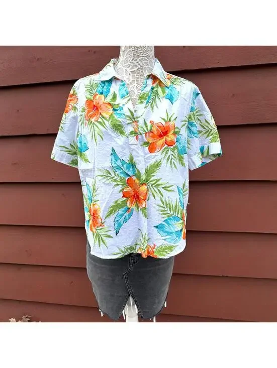 Vintage Cathy Daniels Tropical Hibiscus Short Sleeve Top - Picture 1 of 8